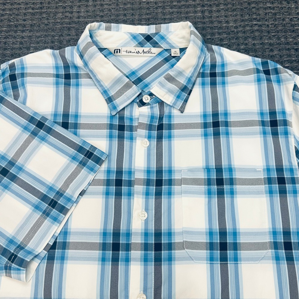 TravisMathew Golf Shirt Mens XL Blue White Plaid Short Sleeve Performance Preppy